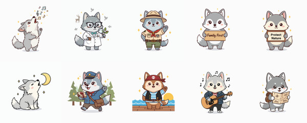 Adorable cartoon wolf characters in various costumes engaging in everyday activities