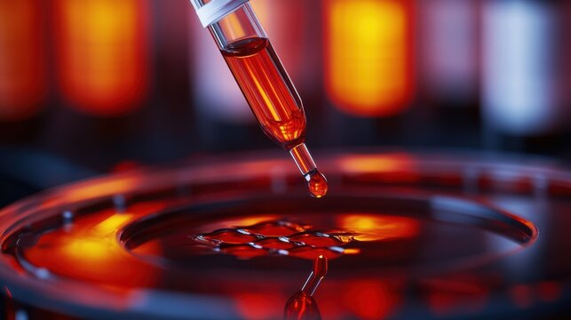 A dropper releases a red liquid into a petri dish with blurred colorful tubes in the background.