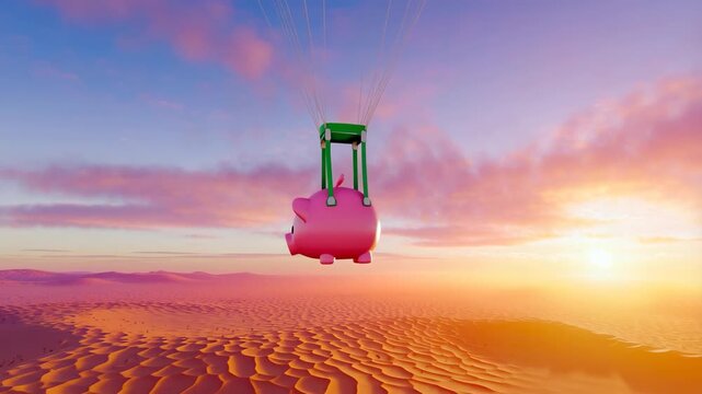 Piggy bank parachute soaring over desert at sunset