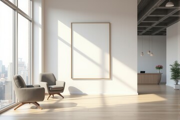 Modern office lobby with a blank mockup frame and reception desk.