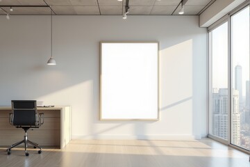Modern office lobby with a blank mockup frame and reception desk.