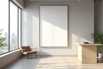 Modern office lobby with a blank mockup frame and reception desk.