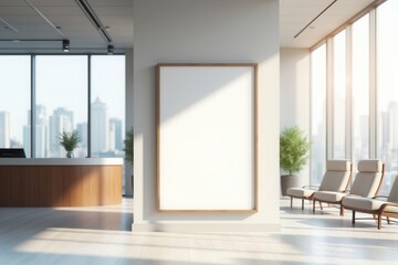 Modern office lobby with a blank mockup frame and reception desk.