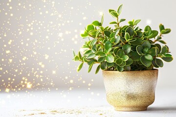 Lush green plant in sparkling gold pot, festive bokeh lights background