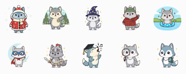 Cute cartoon wolf illustrations in various outfits and activities featuring fantasy themes
