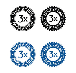 Triple Action - vector label for packaging label design. Triple Action sign, logo, badge, icon, sticker, label, emblem, stamp, symbol, black, line, flat vector, isolated illustration.