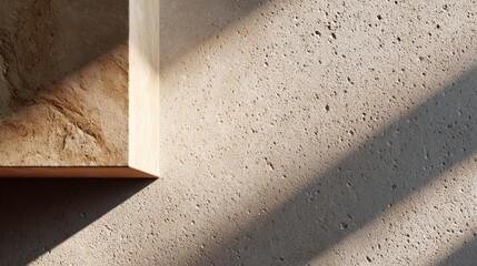 A close-up of a textured concrete wall, with soft sunlight casting long shadows on its surface, creating a warm and inviting atmosphere