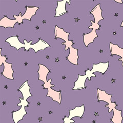 Hand drawn Halloween vector seamless pattern with spooky bats and stars. Cute and playful endless background for holiday design, textile, wallpaper. Whimsy illustration. Halloween pattern