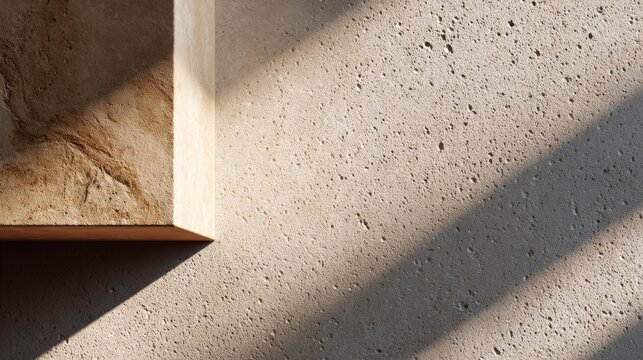 A close-up of a textured concrete wall, with soft sunlight casting long shadows on its surface, creating a warm and inviting atmosphere
