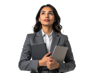 - Confident Businesswoman in Gray Suit Holding Notebook and Looking Upward, Professional Corporate Executive, Isolated on Transparent Background 