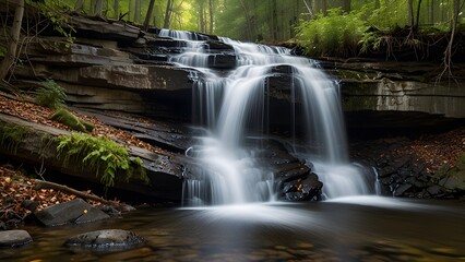 Tranquil Waterfall in Lush Forest Landscape 