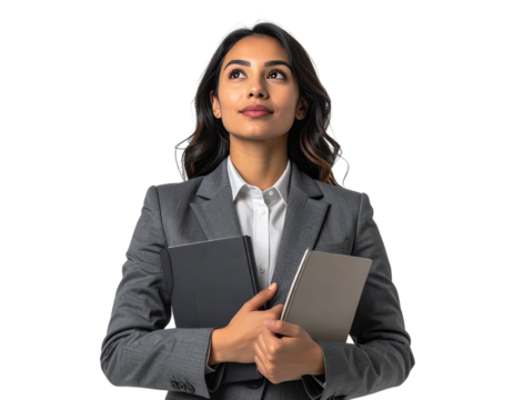 - Confident Businesswoman in Gray Suit Holding Notebook and Looking Upward, Professional Corporate Executive, Isolated on Transparent Background 