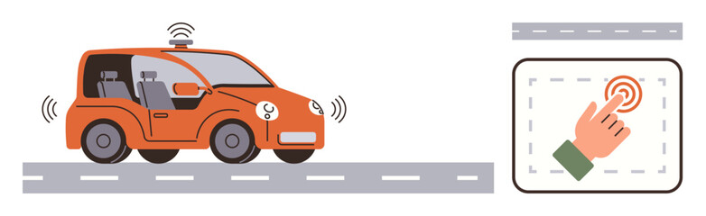 Orange self-driving car with sensor waves on the road and touchscreen interface. Ideal for technology, innovation, smart mobility, automation, AI systems, futuristic concept, simple flat metaphor