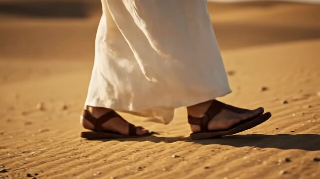 A person wearing a traditional robe and leather sandals walks across the desert sand.