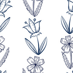 Seamless vector pattern of meadow flowers, cornflowers, bells, all hand-drawn with ink. The illustration is suitable for printing on fabric, paper, packaging with goods. Vector illustration.