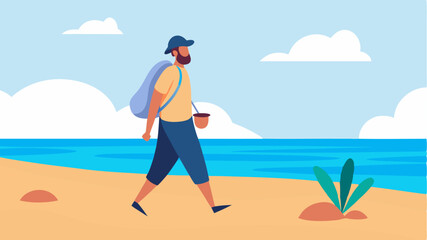 A beachcomber walking along a sandy shore backpack slung over one shoulder gathering seashells and enjoying the ocean breeze.