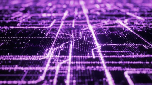 Abstract digital circuit board glowing purple lines and dots technology background