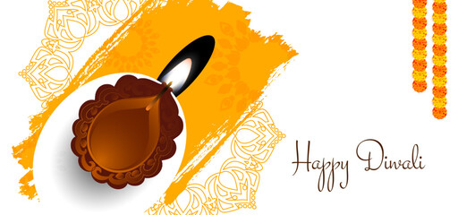 Happy Diwali Festival Background with Glowing Diyas, Golden Warm Light, Marigold Flower Garlands, and Bright Orange Brush Texture for Indian Celebration Greeting Card Design