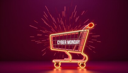 Neon shopping cart with Cyber Monday text on dark background