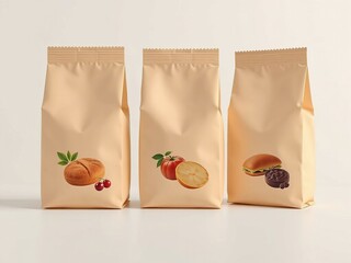 Three flavored snack bags with illustrations on a light background and ample copy space for design
