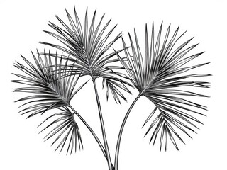 Black and white image of tropical palm leaves isolated on a light background