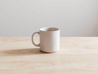 Blank white coffee mug on a wooden table with ample copy space for design

