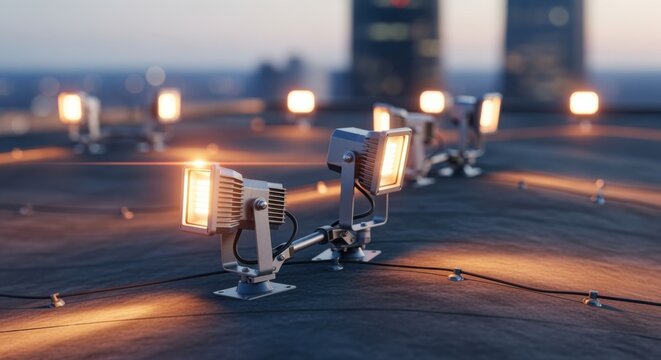 Installation of weatherproof helipad perimeter lights on adjustable mounts demonstrating adaptability to uneven rooftop surfaces.