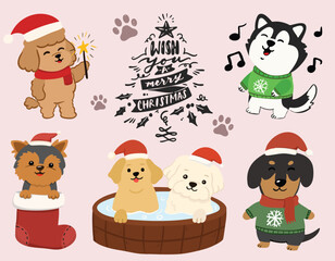 Cute Christmas Dogs Illustration – Festive Puppies in Santa Hats & Winter Sweaters