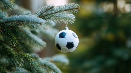 Soccer ball ornament celebrating winter holidays and sports hanging on a evergreen tree