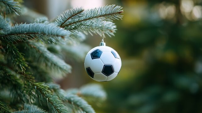Soccer ball ornament celebrating winter holidays and sports hanging on a evergreen tree