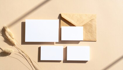 Blank white stationery and business card mockup with a kraft envelope in natural sunlight