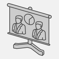 Two voters and pie chart on stand isometric icon, democracy day concept. Vector graphics. Whiteboard with lecturers sign and editable stroke, outline style icon for mobile or web design.