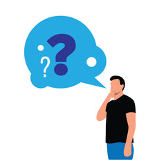 Young Man in Thinking Pose with Question Marks Background. People and ideas generation vector art, announcement graphic template