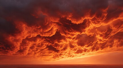 Fototapeta premium Dramatic Sunset Over Ocean with Fiery Clouds Illuminated by the Setting Sun Casting Orange and Red Hues Across a Calm Horizon