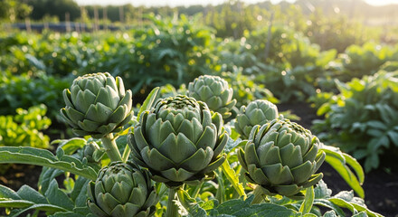 Fototapeta premium Artichoke plants growing in organic vegetable garden during sunrise with lush green leaves