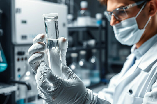 Test tube in the hands of a scientist. Laboratory testing of water sample for PFAS - Powered by Adobe