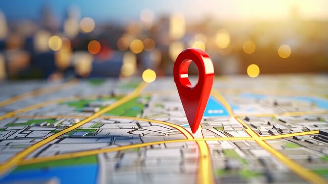 Motion graphic of a 3D location pin on a blurred city map symbolizing navigation, GPS, and location tracking in bright daylight.