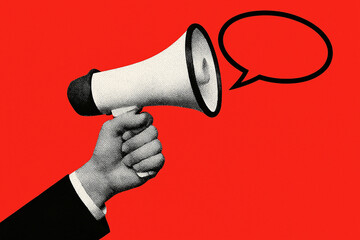 Hand Holding a Red Megaphone – Communication and Announcement Concept