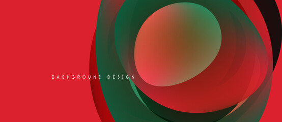 Abstract design features overlapping circles. Red, green hues dominate composition. Modern aesthetic, simple text element present.