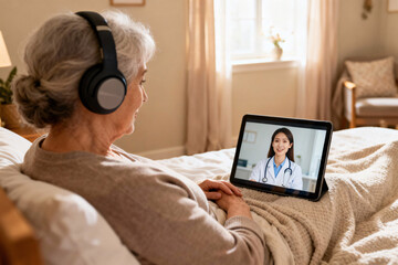 Elderly woman consulting doctor online via tablet at home, senior telemedicine appointment in bedroom, remote healthcare and digital medical support