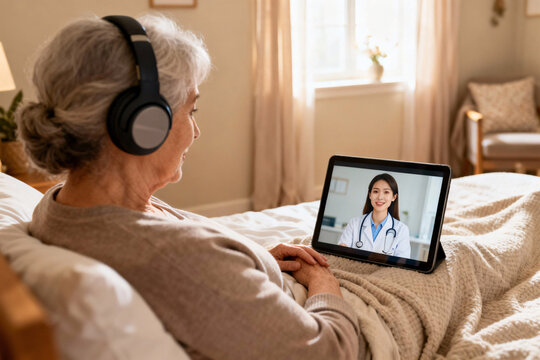Elderly woman consulting doctor online via tablet at home, senior telemedicine appointment in bedroom, remote healthcare and digital medical support - Powered by Adobe