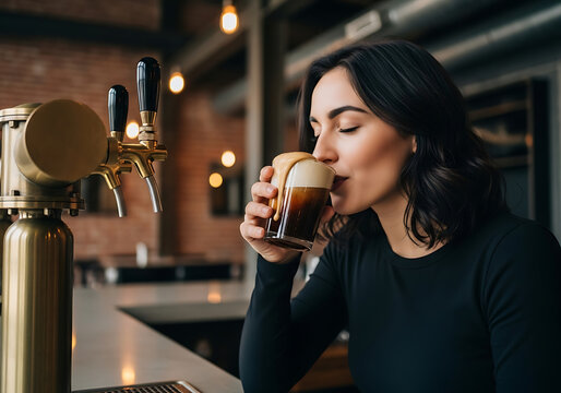 A woman enjoying a dark beer with foam at a bar, with beer taps in the foreground and warm lighting in the background, creating a cozy atmosphere