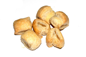 Mini Sausage rolls party snack food pigs in blankets isolated on white background