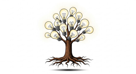 Fototapeta premium Illustration of a tree with a brown trunk and roots and light bulbs as leaves on a white background