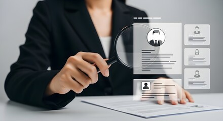 Photo of recruitment process with a businesswoman examining a resume through a magnifying glass, highlighting candidate selection and human resources