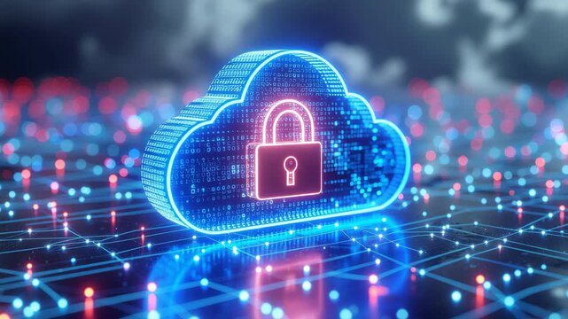 Motion graphic of a glowing cloud icon with a digital padlock representing secure cloud computing and encrypted online data storage.