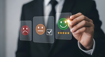 Photo of customer feedback and satisfaction concept, a persons hand selecting a happy face emoji and five stars on a digital interface for excellent service rating