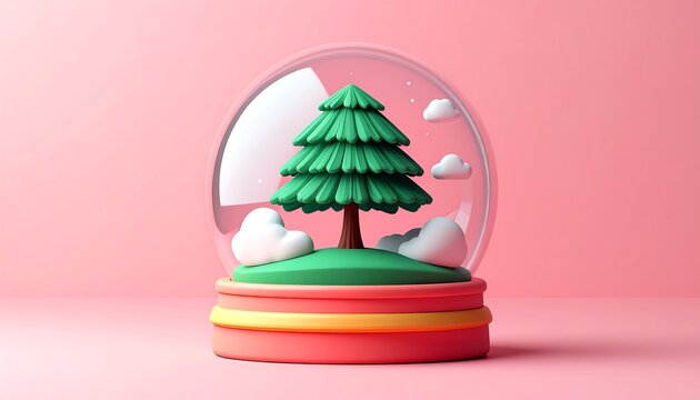 3D rendered Christmas scene inside a decorative snow globe on pink