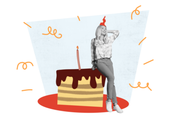 Composite trend artwork sketch image collage of happy birthday celebration party holiday anniversary aged woman sit piece cake sweet