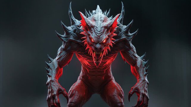 Fierce Red-Eyed Demon Monster with Spikes and Sharp Teeth, Ready to Attack
